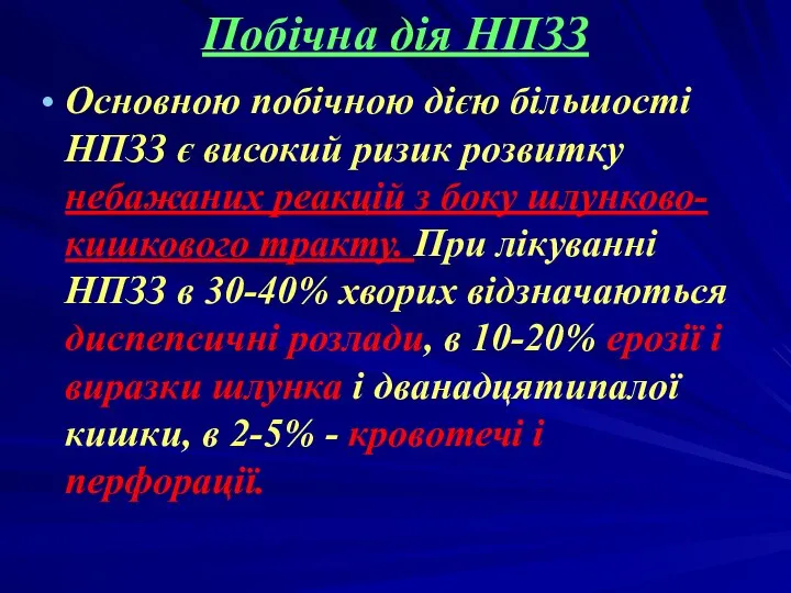 Побічна дія НПЗЗ Основною побічною дією більшості НПЗЗ є високий ризик розвитку