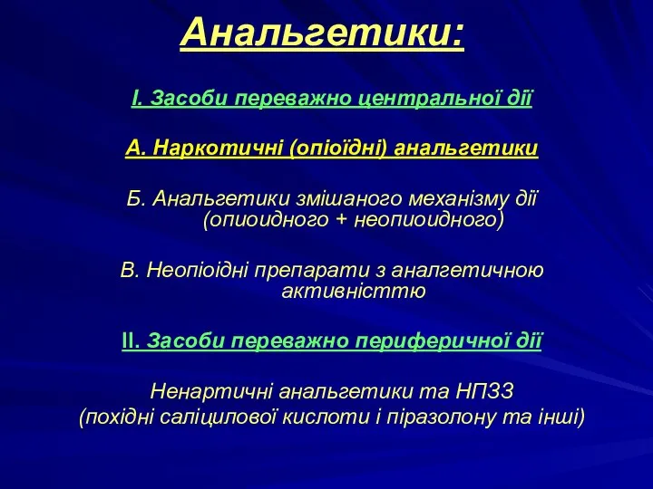 Анальгетики: І. Засоби переважно центральної дії A. Наркотичні (опіоїдні) анальгетики Б. Анальгетики