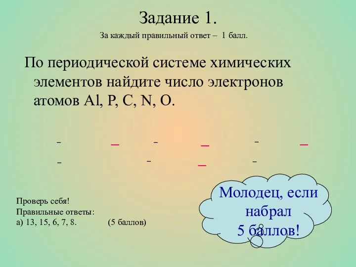 Задание 1. По периодической системе химических элементов найдите число электронов атомов Al,