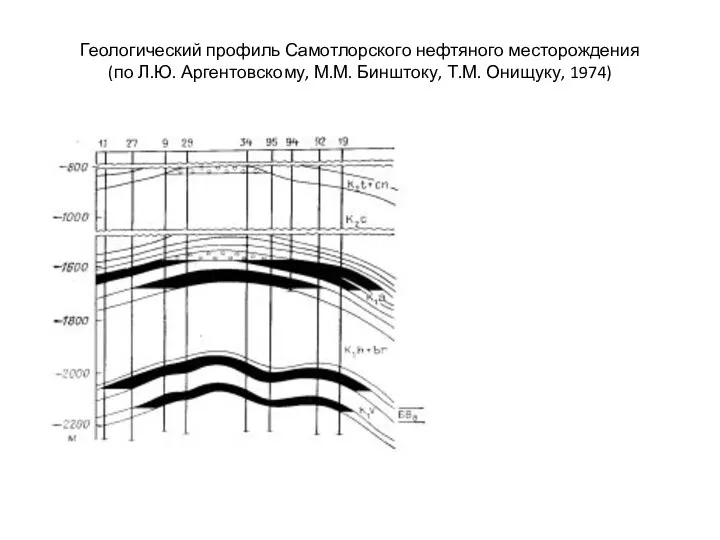 Геологический профиль Самотлорского нефтяного месторождения (по Л.Ю. Аргентовскому, М.М. Бинштоку, Т.М. Онищуку, 1974)