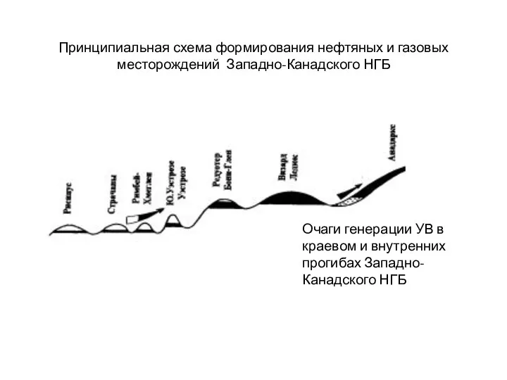 Принципиальная схема формирования нефтяных и газовых месторождений Западно-Канадского НГБ Очаги генерации УВ