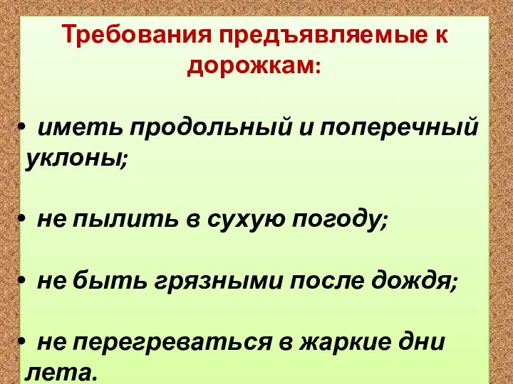 Требования предъявляемые к дорожкам: иметь продольный и поперечный уклоны; не пылить в