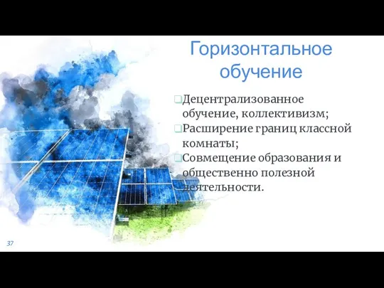 Горизонтальное обучение Децентрализованное обучение, коллективизм; Расширение границ классной комнаты; Совмещение образования и общественно полезной деятельности.