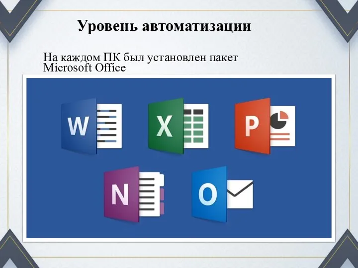 Уровень автоматизации На каждом ПК был установлен пакет Microsoft Office