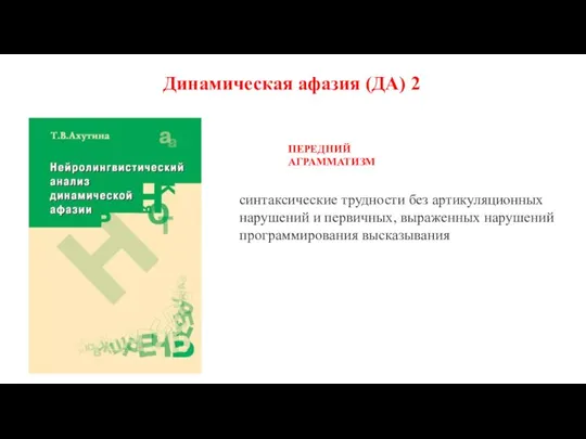 Динамическая афазия (ДА) 2 ПЕРЕДНИЙ АГРАММАТИЗМ синтаксические трудности без артикуляционных нарушений и