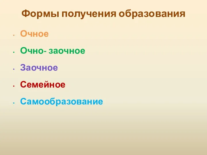 Формы получения образования Очное Очно- заочное Заочное Семейное Самообразование