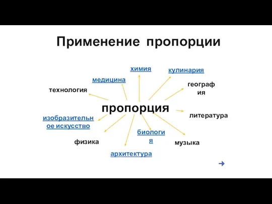 Применение пропорции медицина кулинария география литература биология технология изобразительное искусство пропорция физика музыка архитектура химия