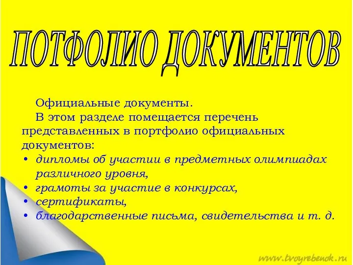 ПОТФОЛИО ДОКУМЕНТОВ Официальные документы. В этом разделе помещается перечень представленных в портфолио