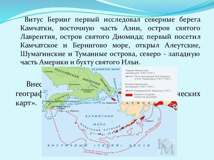 Витус Беринг первый исследовал северные берега Камчатки, восточную часть Азии, остров святого