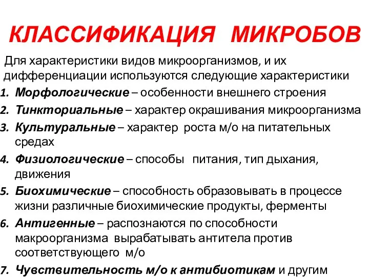 КЛАССИФИКАЦИЯ МИКРОБОВ Для характеристики видов микроорганизмов, и их дифференциации используются следующие характеристики