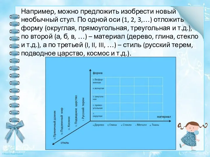 Например, можно предложить изобрести новый необычный стул. По одной оси (1, 2,