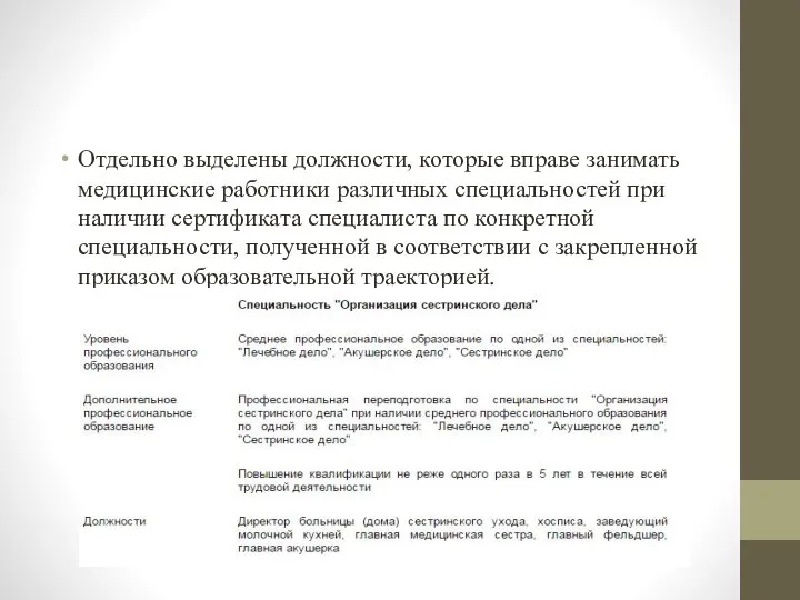 Отдельно выделены должности, которые вправе занимать медицинские работники различных специальностей при наличии