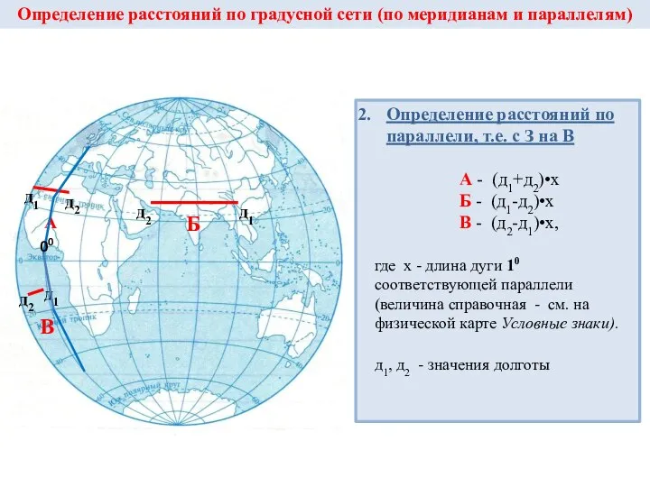 Определение расстояний по градусной сети (по меридианам и параллелям) Определение расстояний по