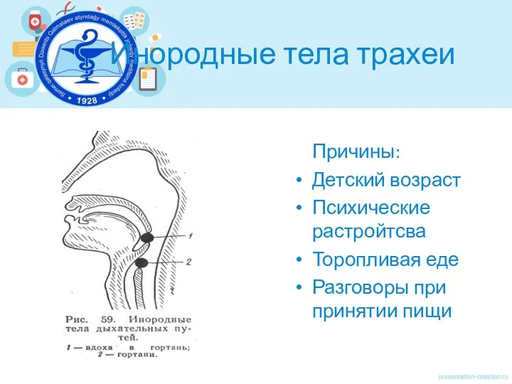 Инородные тела трахеи Причины: Детский возраст Психические растройтсва Торопливая еде Разговоры при принятии пищи