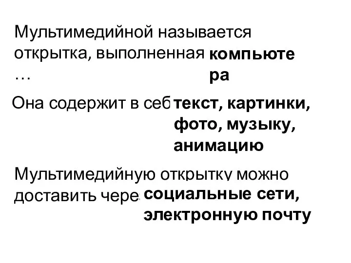 Мультимедийной называется открытка, выполненная с помощью … Она содержит в себе …