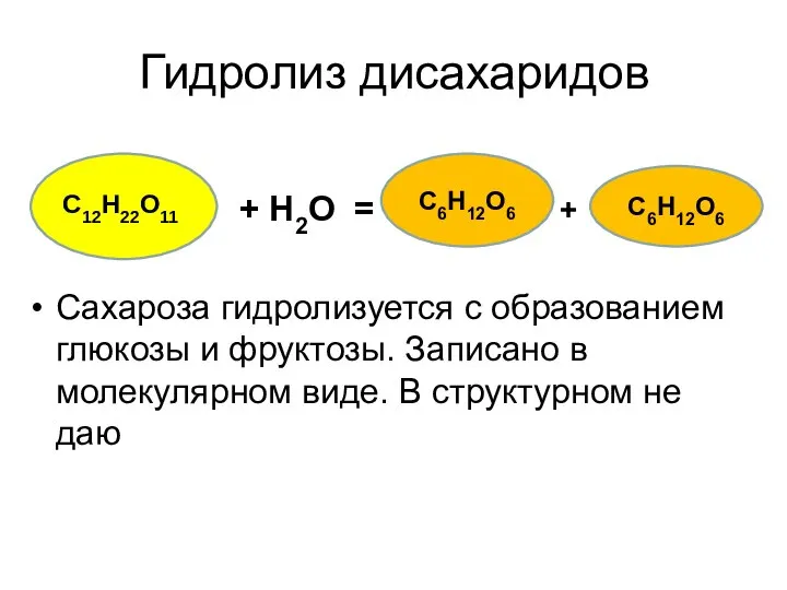 Гидролиз дисахаридов + Н2О = + Сахароза гидролизуется с образованием глюкозы и