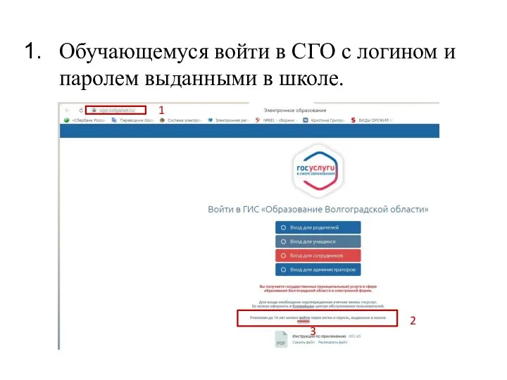 Обучающемуся войти в СГО с логином и паролем выданными в школе.