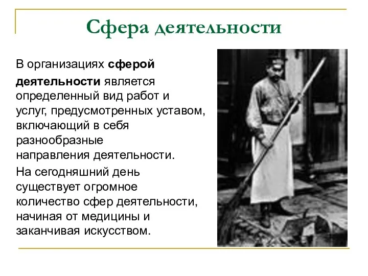 Сфера деятельности В организациях сферой деятельности является определенный вид работ и услуг,