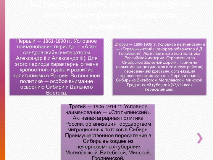 Периоды переселения в Сибирь из цен­тральной, северо-западной и южной окраин Российской империи.