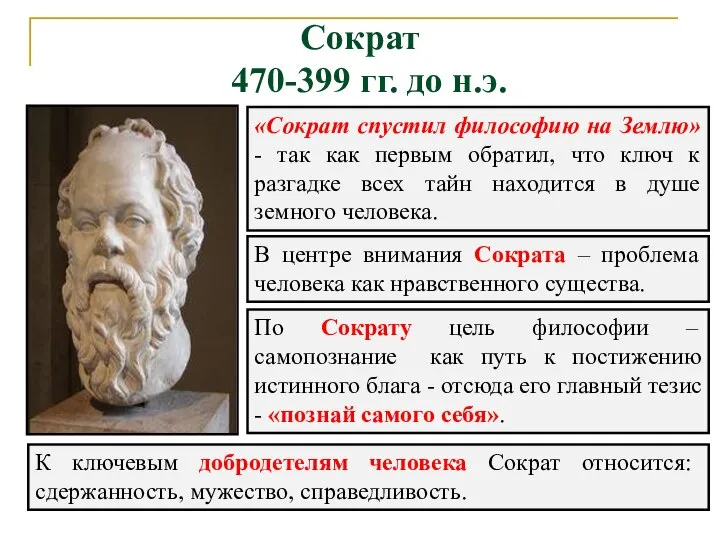 Сократ 470-399 гг. до н.э. «Сократ спустил философию на Землю» - так