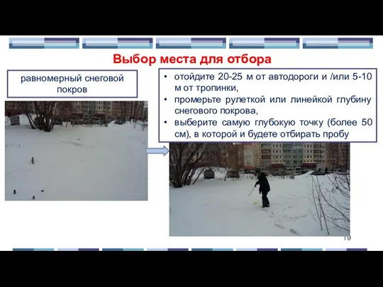 Выбор места для отбора равномерный снеговой покров отойдите 20-25 м от автодороги