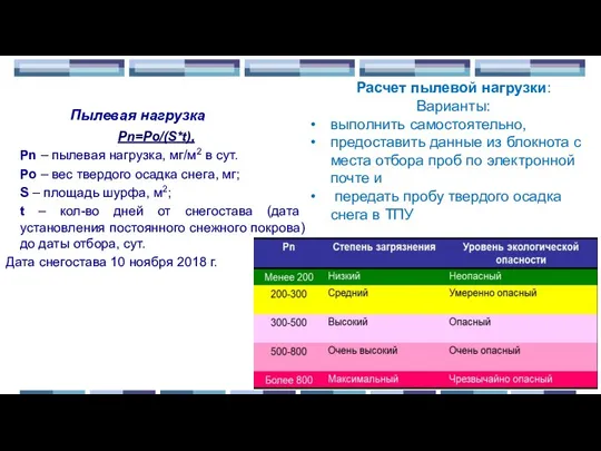 Pn=Po/(S*t), Pn – пылевая нагрузка, мг/м2 в сут. Po – вес твердого