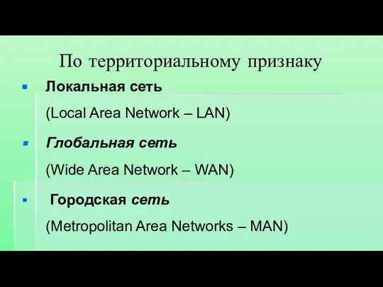 По территориальному признаку Локальная сеть (Local Area Network – LAN) Глобальная сеть