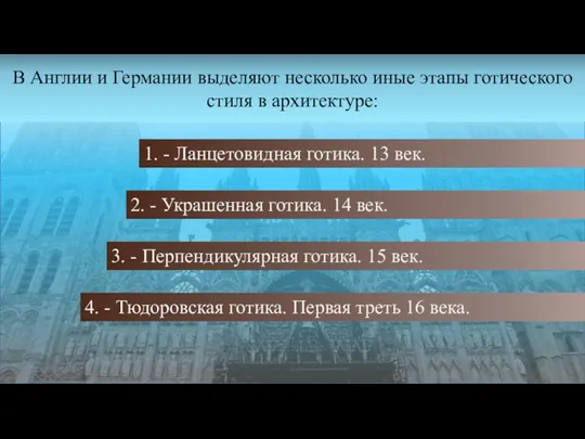 В Англии и Германии выделяют несколько иные этапы готического стиля в архитектуре: