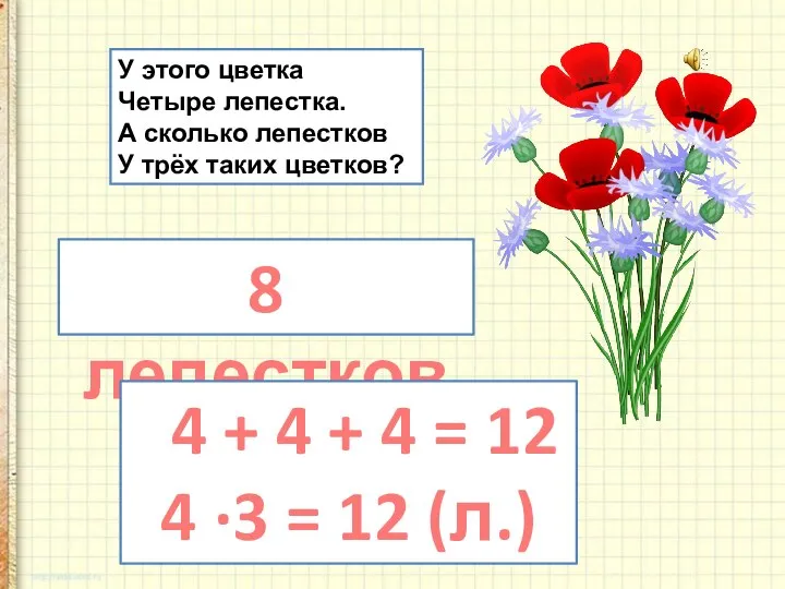 У этого цветка Четыре лепестка. А сколько лепестков У трёх таких цветков?