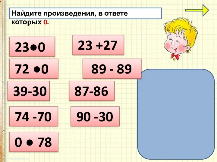 Найдите произведения, в ответе которых 0. 23●0 72 ●0 0 ● 78