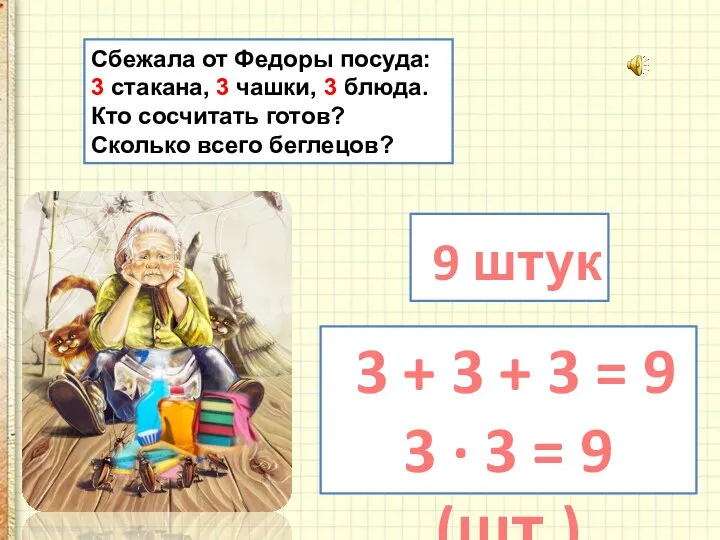 Сбежала от Федоры посуда: 3 стакана, 3 чашки, 3 блюда. Кто сосчитать