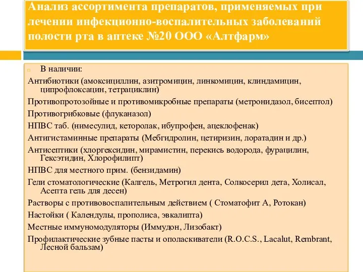 Анализ ассортимента препаратов, применяемых при лечении инфекционно-воспалительных заболеваний полости рта в аптеке