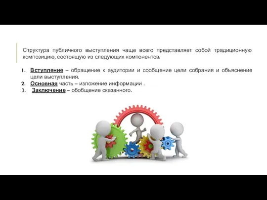 Структура публичного выступления чаще всего представляет собой традиционную композицию, состоящую из следующих