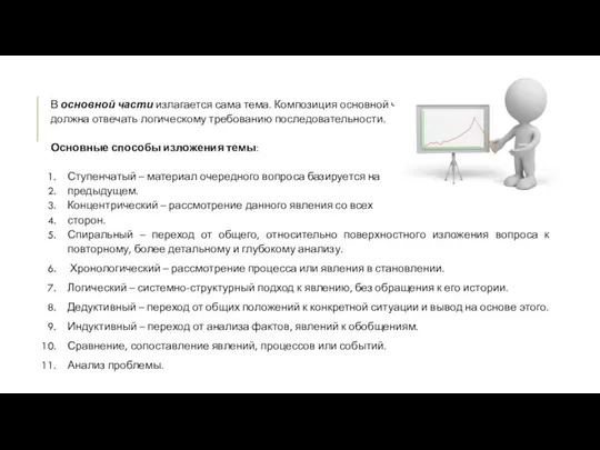 В основной части излагается сама тема. Композиция основной части должна отвечать логическому