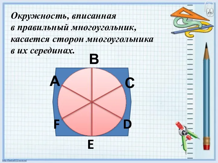 Окружность, вписанная в правильный многоугольник, касается сторон многоугольника в их серединах. А