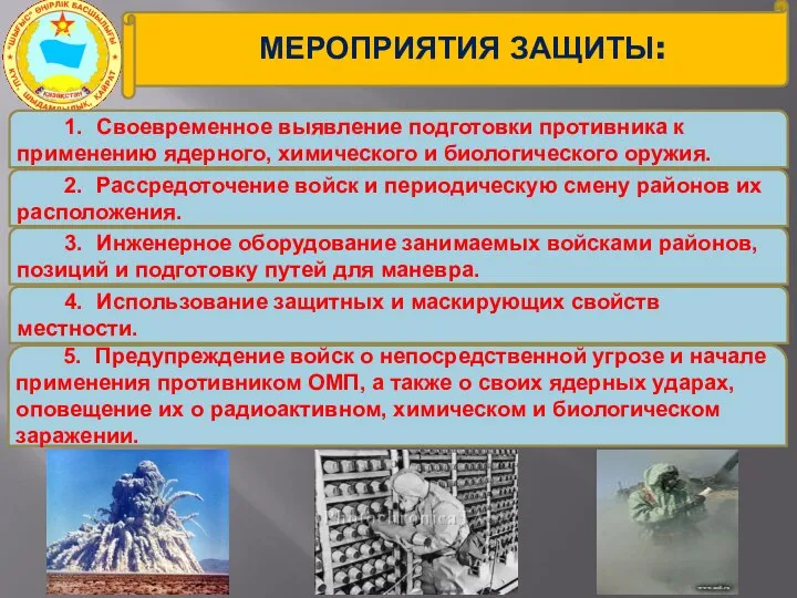 МЕРОПРИЯТИЯ ЗАЩИТЫ: 1. Своевременное выявление подготовки противника к применению ядерного, химического и