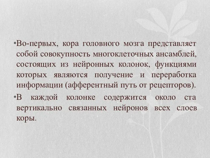 Во-первых, кора головного мозга представляет собой совокупность многоклеточных ансамблей, состоящих из нейронных