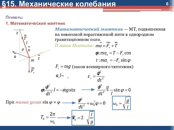 §15. Механические колебания Примеры 1. Математический маятник Математический маятник — МТ, подвешенная