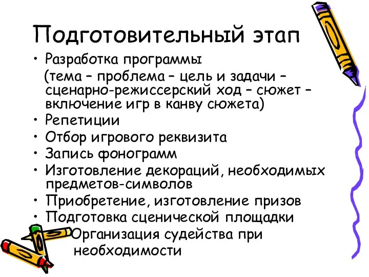 Подготовительный этап Разработка программы (тема – проблема – цель и задачи –