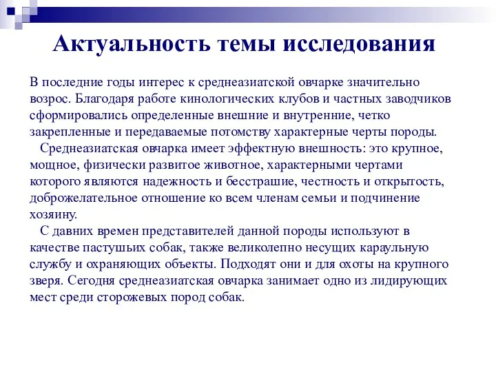 Актуальность темы исследования В последние годы интерес к среднеазиатской овчарке значительно возрос.