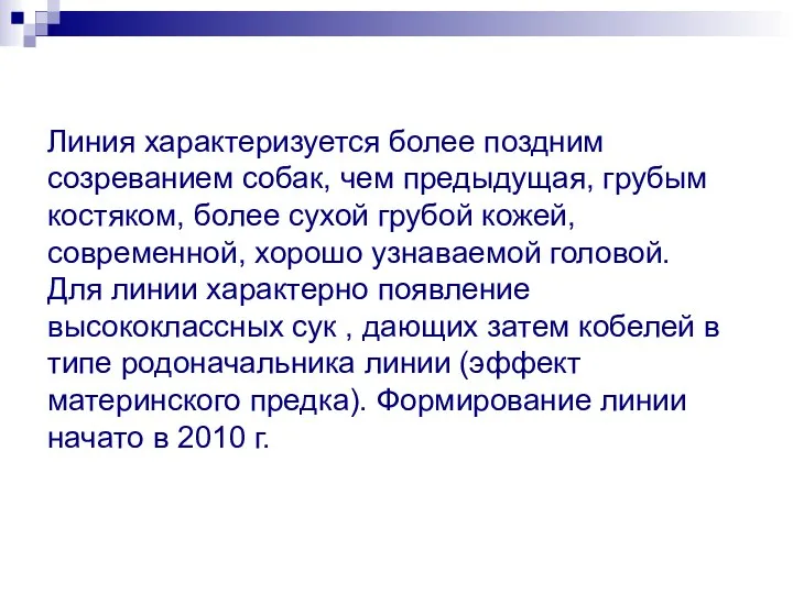 Линия характеризуется более поздним созреванием собак, чем предыдущая, грубым костяком, более сухой