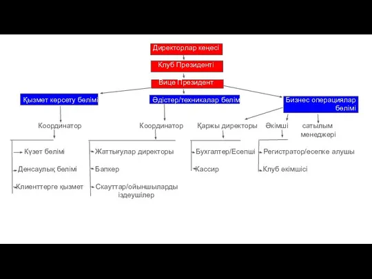Директорлар кеңесі Клуб Президенті Вице Президент Қызмет көрсету бөлімі Әдістер/техникалар бөлімі Бизнес