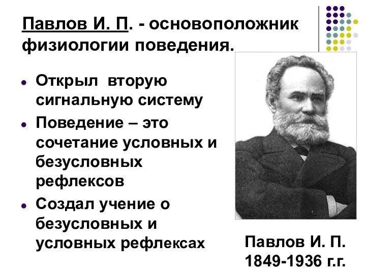 Павлов И. П. - основоположник физиологии поведения. Павлов И. П. 1849-1936 г.г.