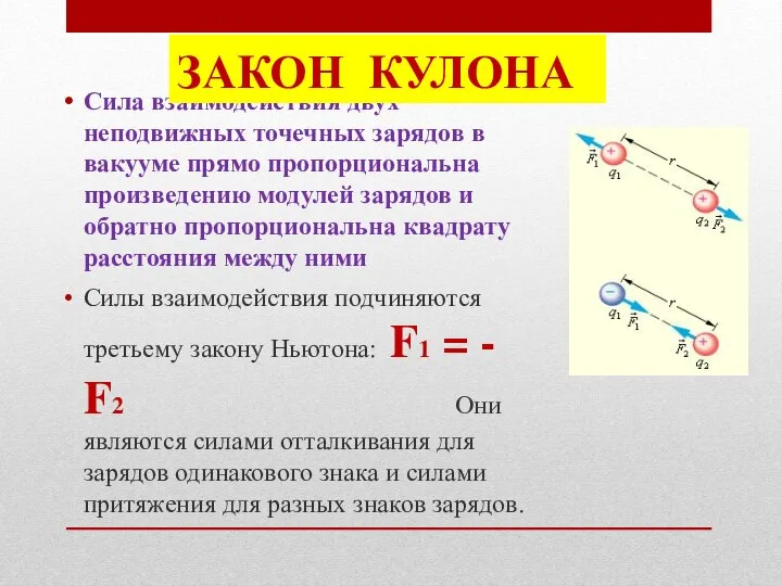 Сила взаимодействия двух неподвижных точечных зарядов в вакууме прямо пропорциональна произведению модулей