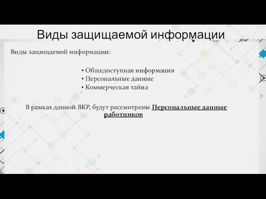 Виды защищаемой информации Виды защищаемой информации: Общедоступная информация Персональные данные Коммерческая тайна