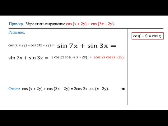 Пример. Упростить выражение cos (х + 2у) + cos (3х – 2у).