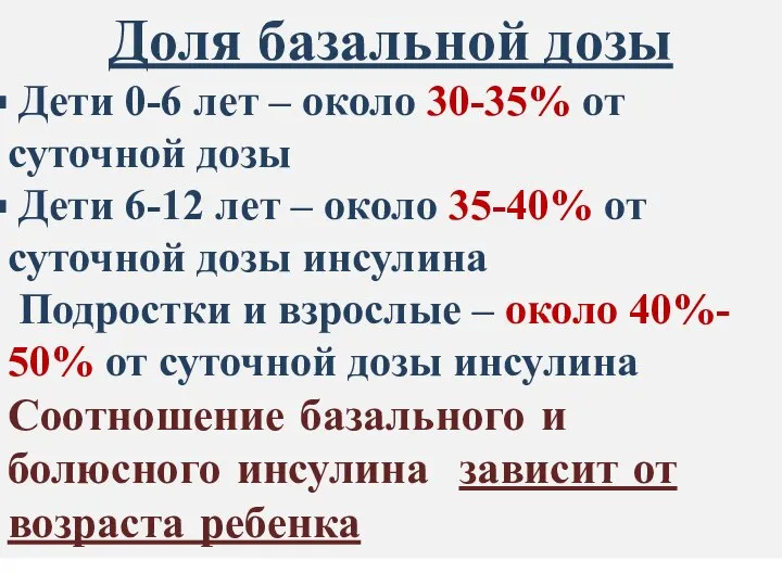 Доля базальной дозы Дети 0-6 лет – около 30-35% от суточной дозы