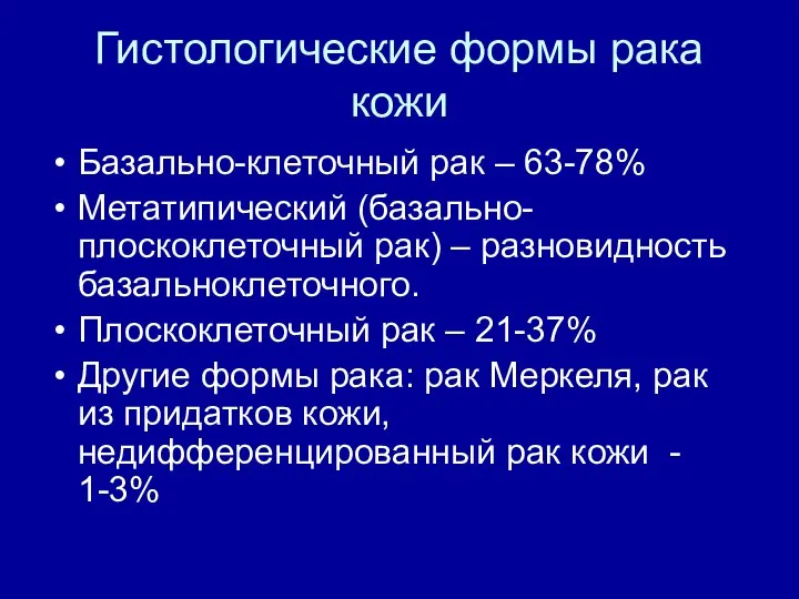 Гистологические формы рака кожи Базально-клеточный рак – 63-78% Метатипический (базально-плоскоклеточный рак) –