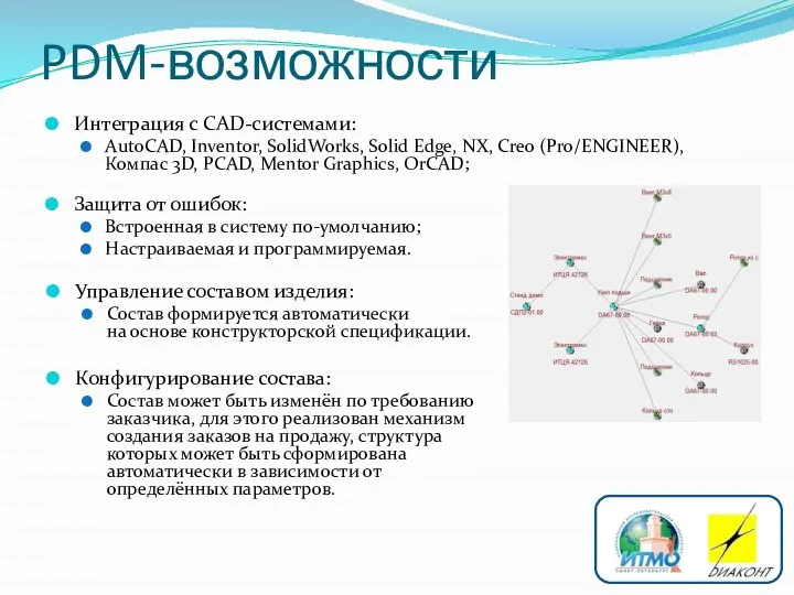 PDM-возможности Интеграция с CAD-системами: AutoCAD, Inventor, SolidWorks, Solid Edge, NX, Creo (Pro/ENGINEER),