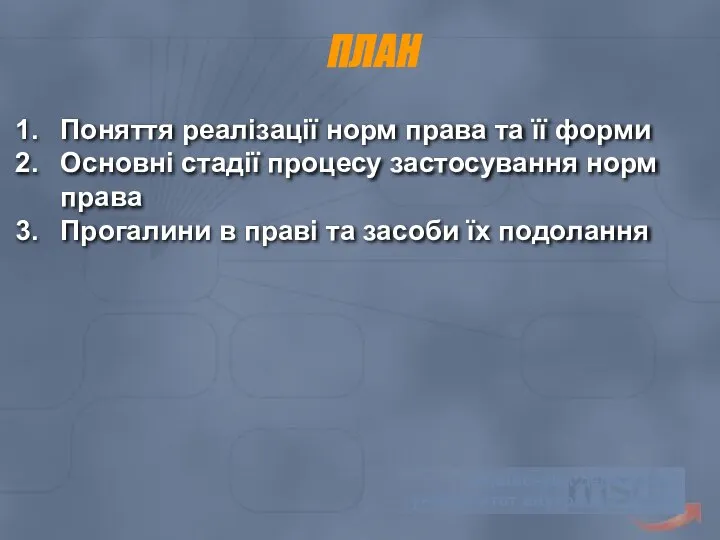 ПЛАН Поняття реалізації норм права та її форми Основні стадії процесу застосування